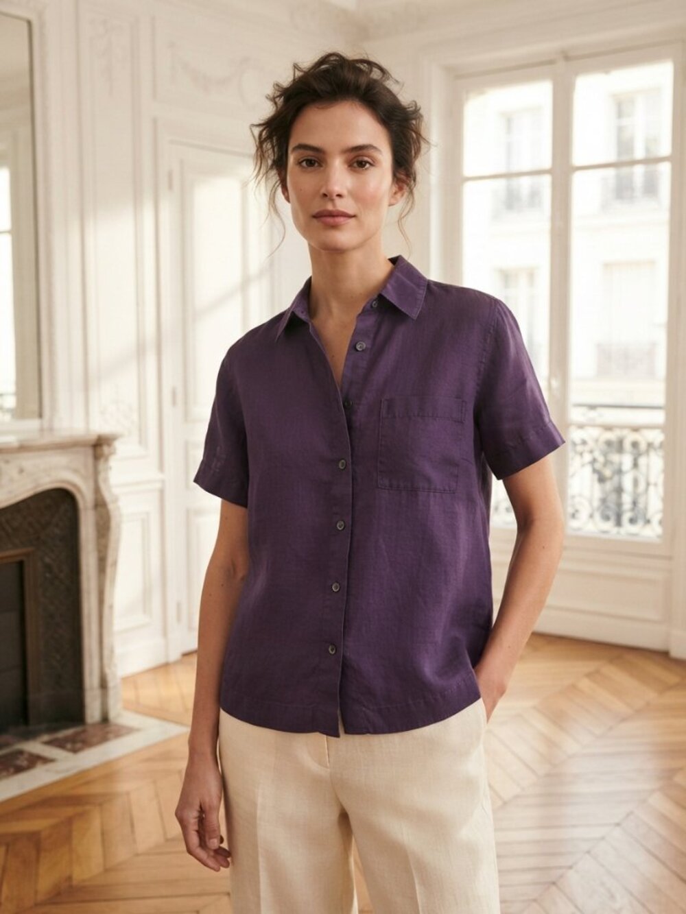 Ann Taylor Purple 100% LinenShort-Sleeve Button-Up Shirt Size Small